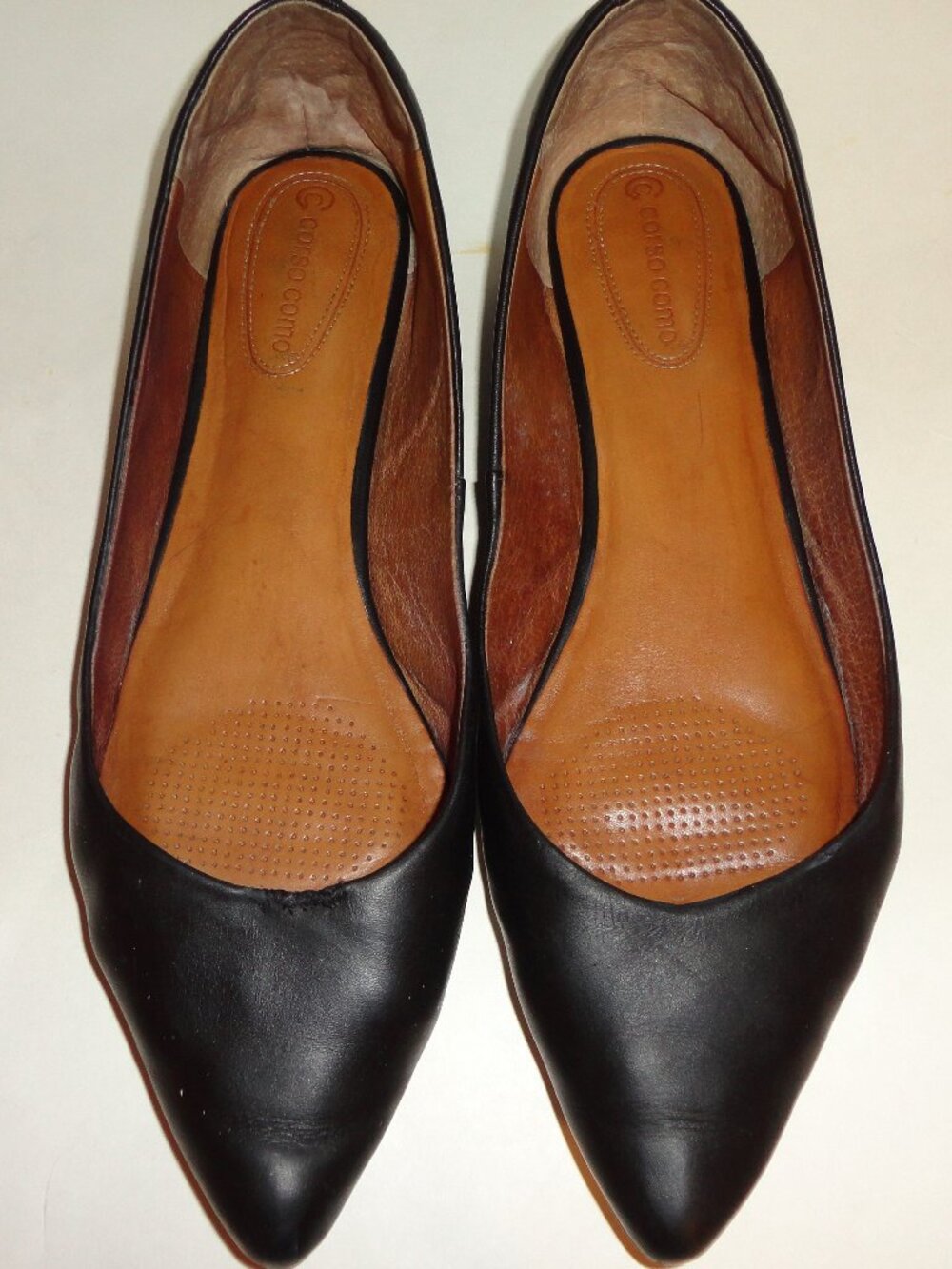 Corso Como Jullia Black Leather Pointed Toe Flats 12M Used Repaired Broken In